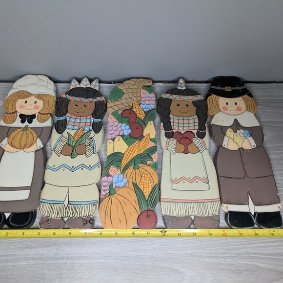 Vintage Hand Painted Thanksgiving Figures Foldable Wooden 5 Panel - Picture 9 of 11